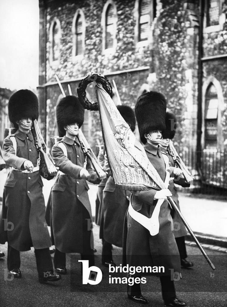 Grenadier Guards on their way to Buckingham Palace, 1939 (b/w photo)