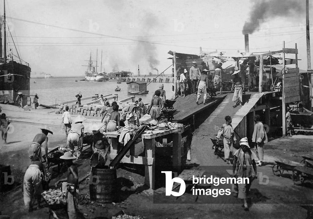 Expansion of the harbor of Quingdao, 1904 (b/w photo)