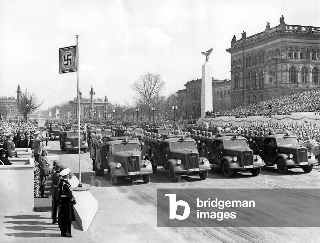 Adolf Hitler takes the parade on his birthday, 1939 (b/w photo)