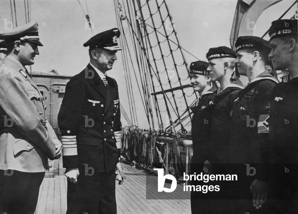Arthur Axmann and Karl Doenitz in front of members of the Naval Hitler Youth, 1943 (b/w photo)