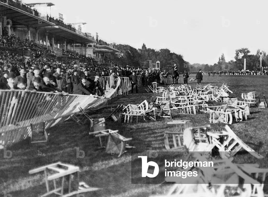 Riots at the Longchamp racecourse, 1906 (b/w photo)
