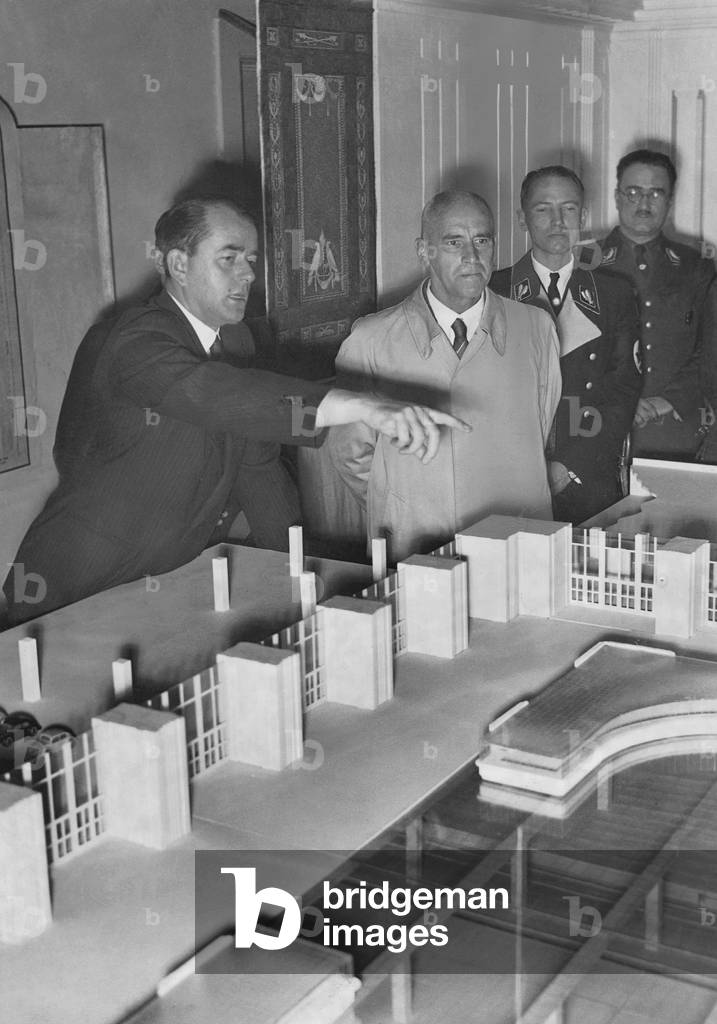 Albert Speer and Wilhelm Frick in front of models of the new Reich capital, 1938 (b/w photo)