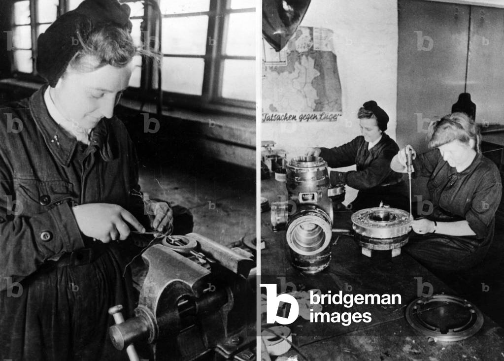 Women in the arms industry, production of aircraft flight controls, propaganda, 1944 (b/w photo)