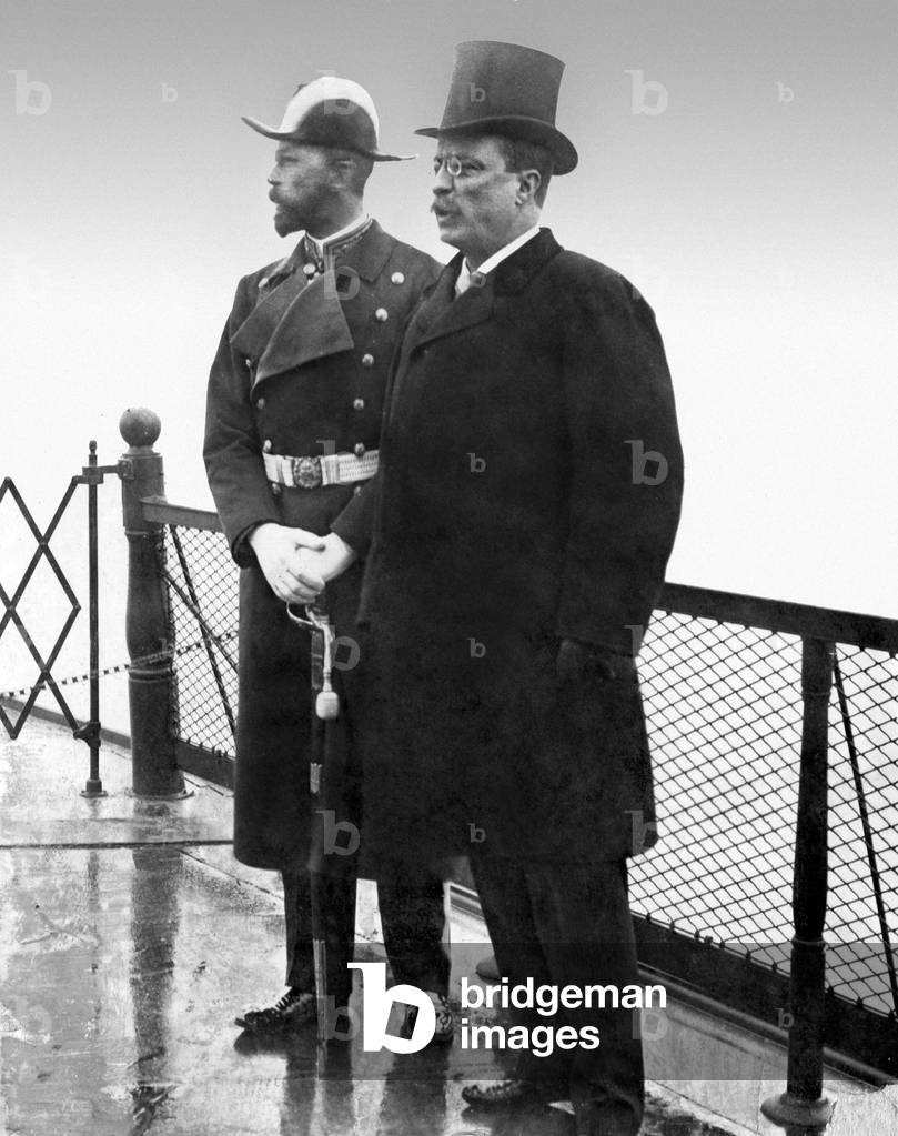 Prince Henry of Prussia and Theodore Roosevelt at the baptism of the imperial yacht 'Meteor', 1902 (b/w photo)