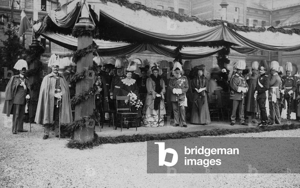 Prince Regent Luitpold of Bavaria at the ceremony for the 150-year existence of the Bavarian Cadet Corps, 1906 (b/w photo)