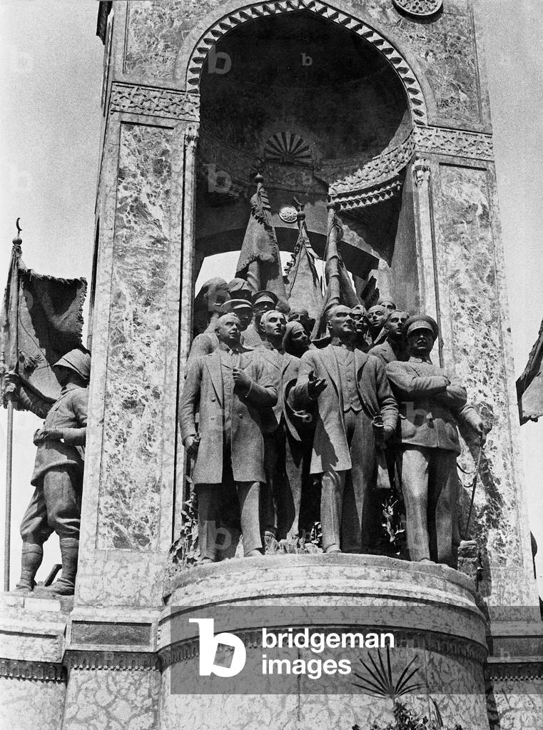 Bronze statue of Mustafa Kemal Atatuerk and his supporters in Istanbul, 1935 (b/w photo)