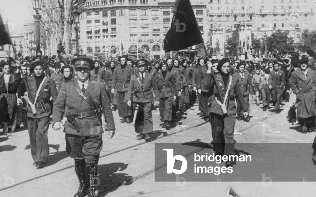 Parade of Republican troops in Barcelona, 1937 (b/w photo)