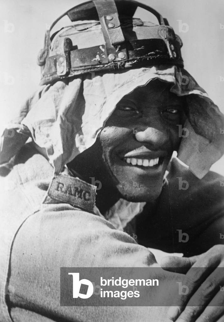 A member of the Royal Army Medical Corps during the First German offensive on Tobruk, Libya, 1941 (b/w photo)
