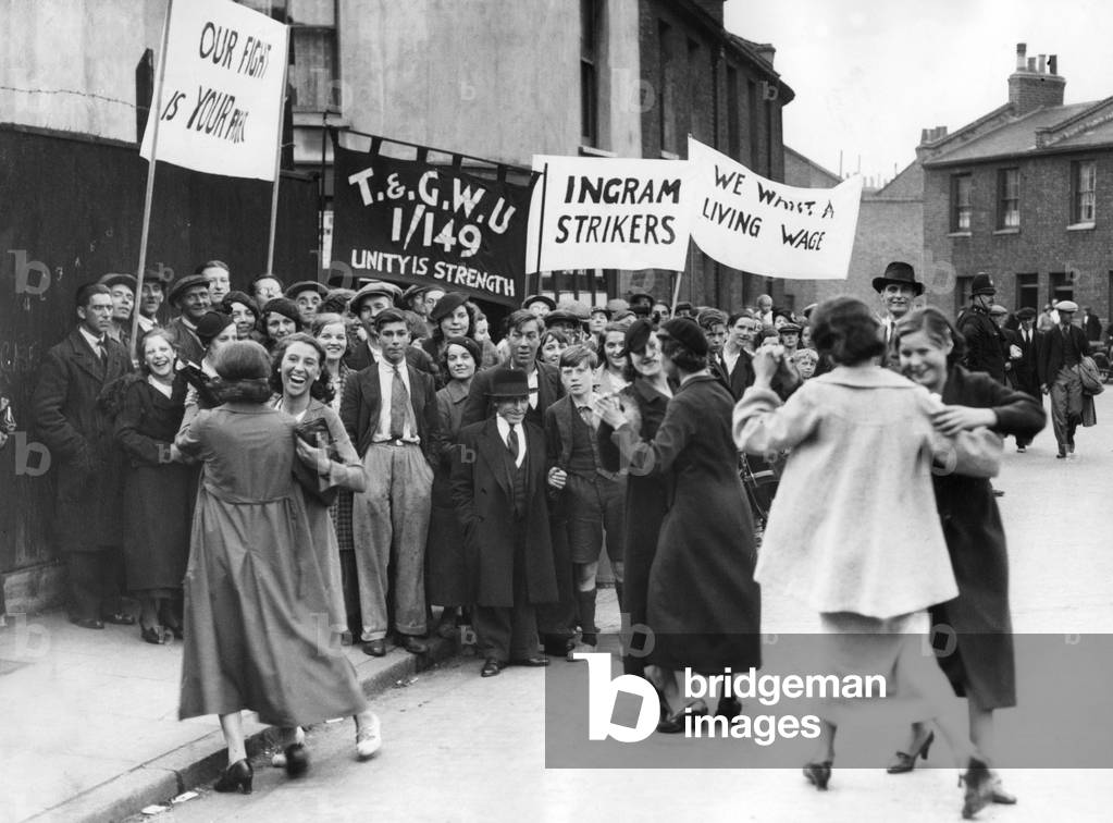 Factory workers strike in London, 1936 (b/w photo)