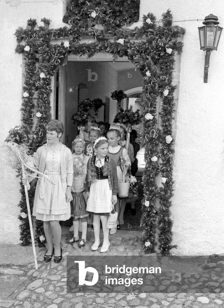 Flower girl at a wedding in Bavaria, 1965 (b/w photo)