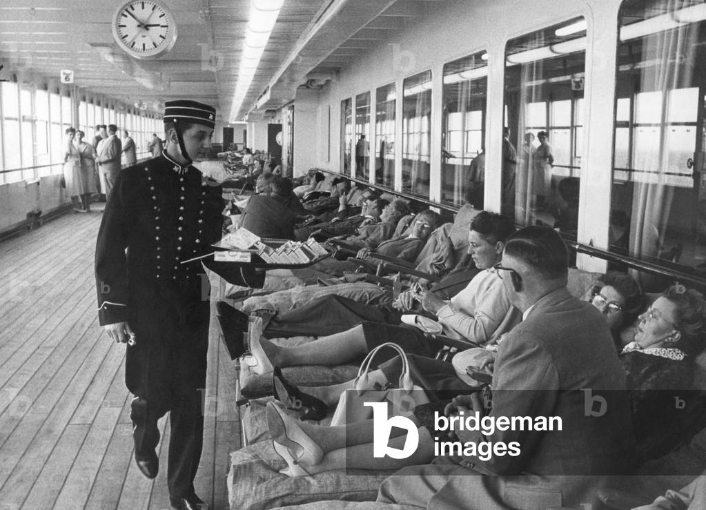Ship passengers, 1959 (b/w photo)