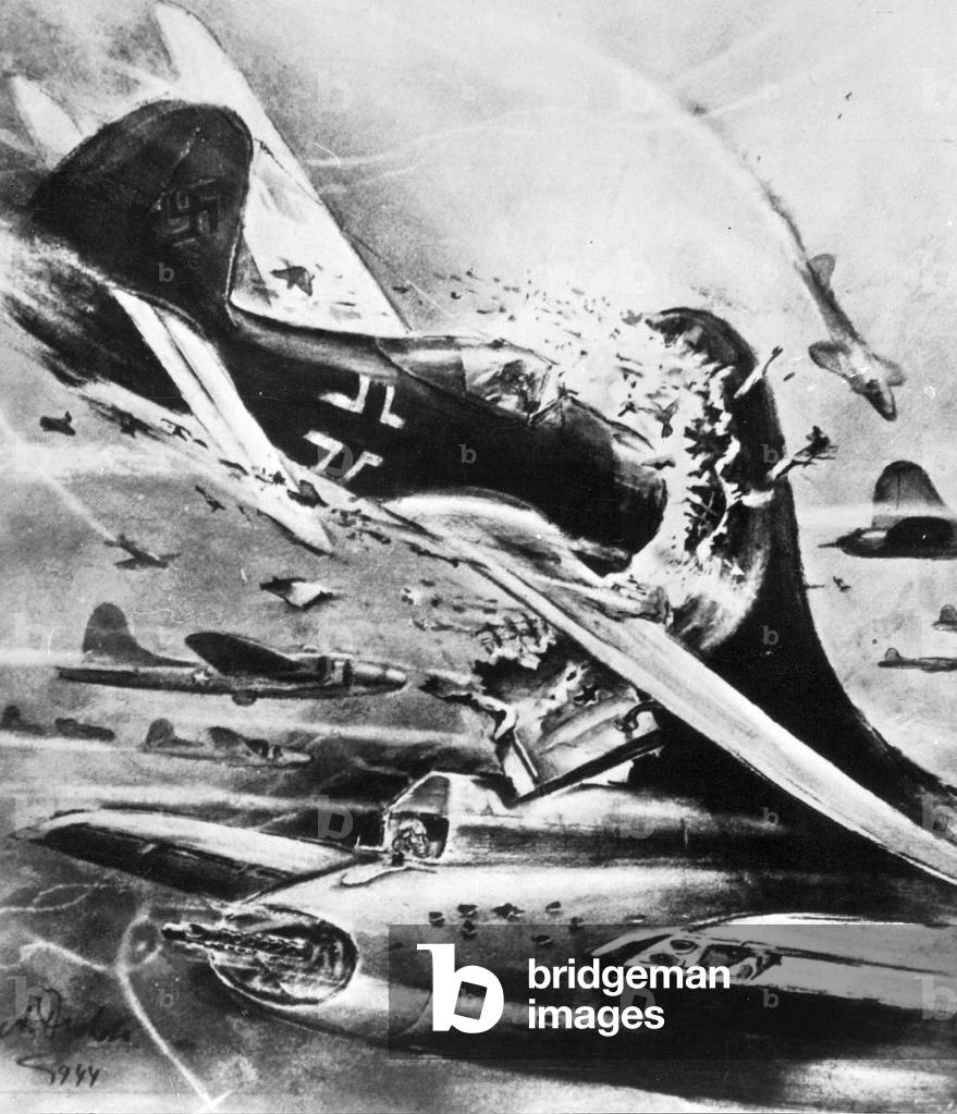 German pursuit plane attacks and American bomber, 1944 (b/w photo)