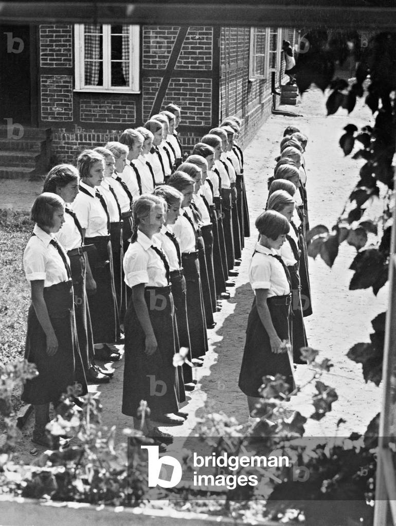BDM girls during the morning roll call, 1934 (b/w photo)