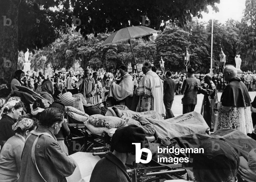 Blessing of the sick in Lourdes (b/w photo)