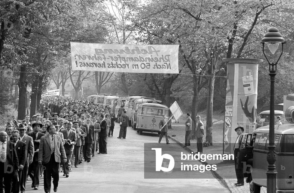 Demonstration procession of miners to a pier, 1959 (b/w photo)