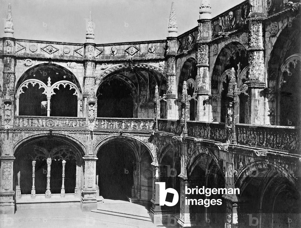 Two leveled cloister of the Jeronimos Monastery in Belem (b/w photo)