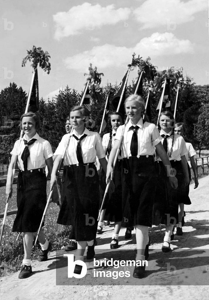 League of German Girls marching (b/w photo)