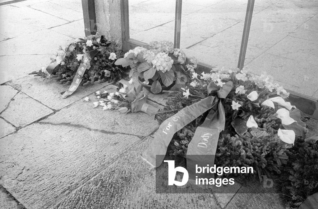 Funeral wreaths for Virginia Hill, 1966 (b/w photo)