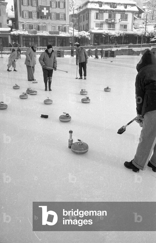 Curling in Grindelwald, 1954 (b/w photo)