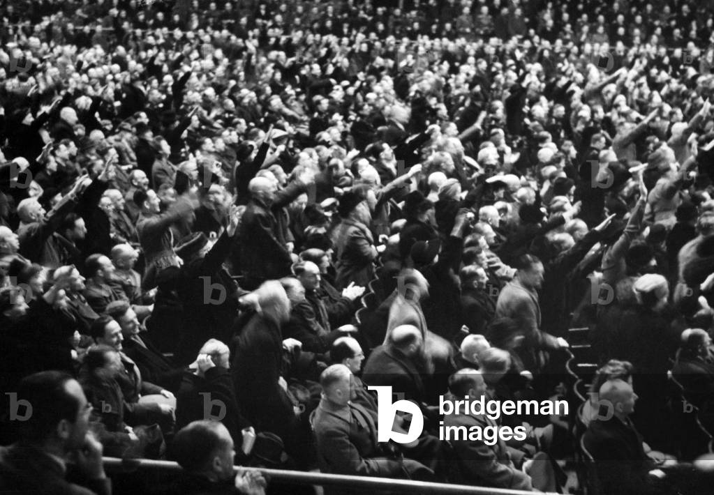 View of the audience during Goebbels' speech on the Total War, 1943 (b/w photo)