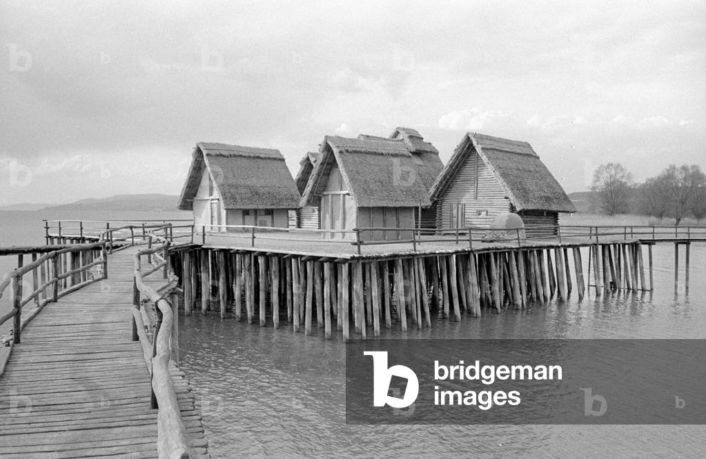 Pile dwelling village on Bodensee, 1960 (b/w photo)