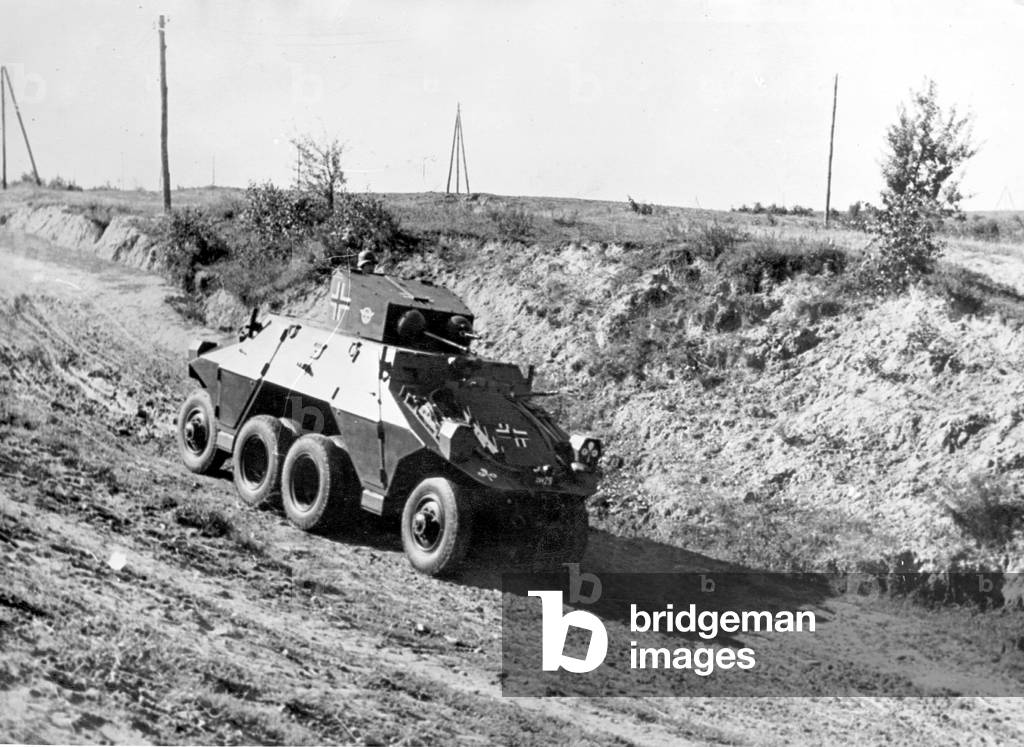 Armored car of the police on the Eastern front, 1942 (b/w photo)