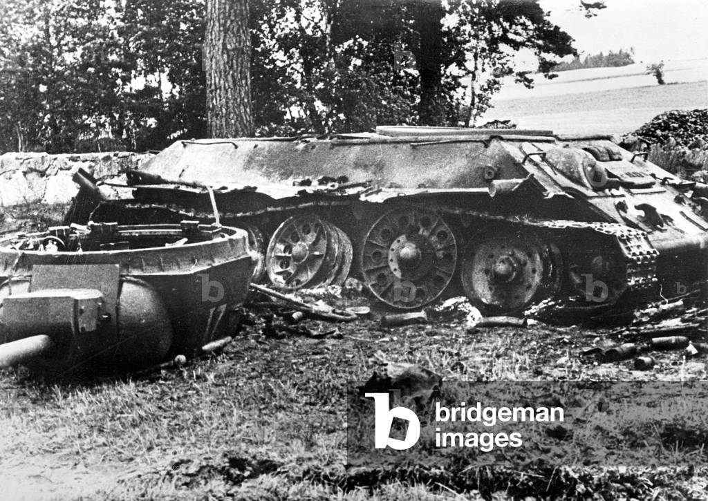 Destroyed Russian T-34 tank, 1944 (b/w photo)