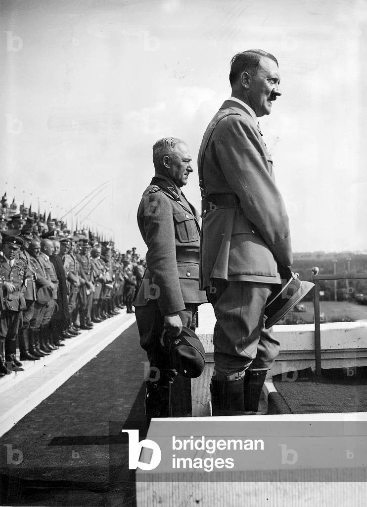 Adolf Hitler with Konstantin Hierl on the Nuremberg Rally, 1937 (b/w photo)