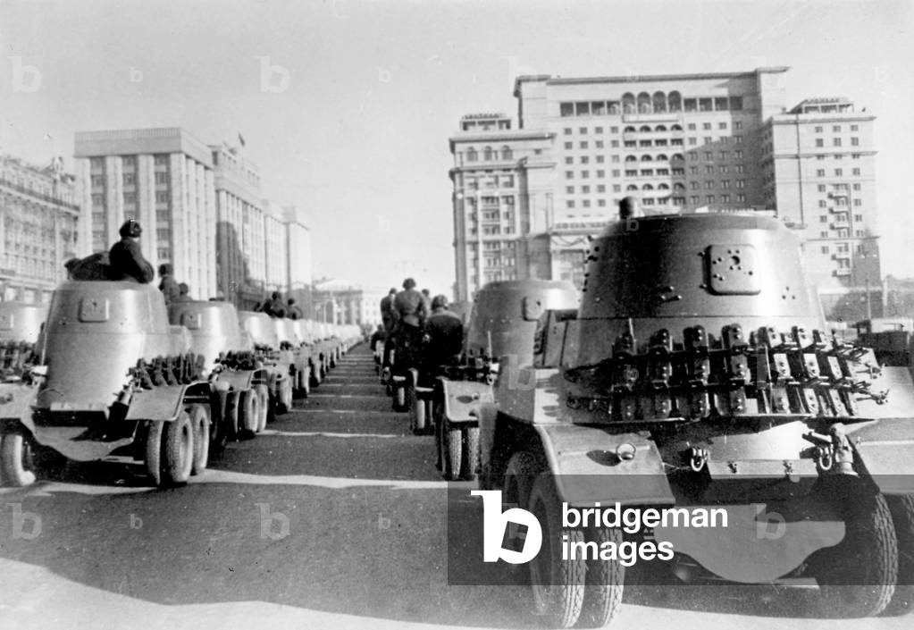 Armored cars of the Soviet army, 1940 (b/w photo)