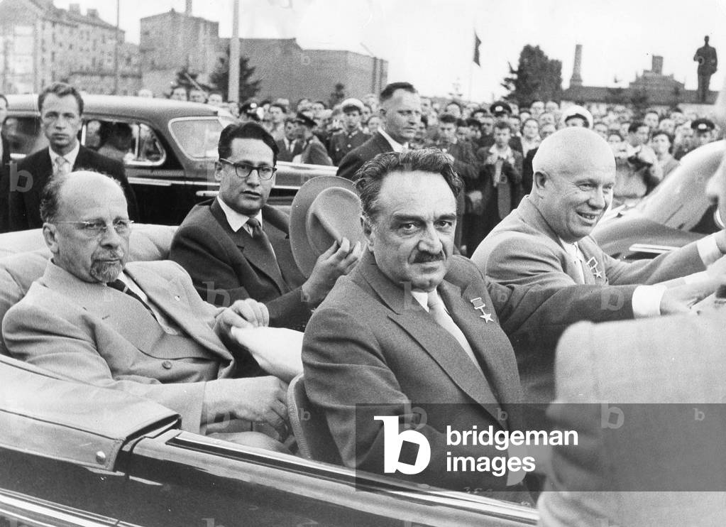Walter Ulbricht with Anastas Mikoyan and Nikita Khrushchev, 1957 (b/w photo)