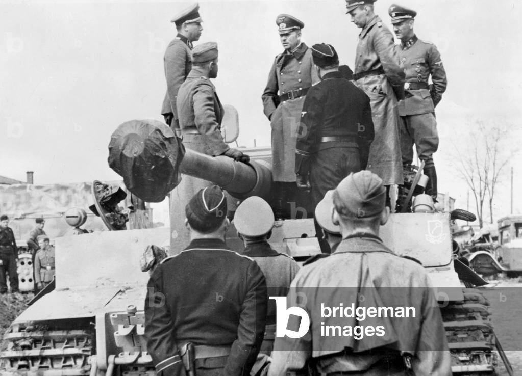 General Heinz Guderian inspecting the troops of the SS tank division 'Leibstandarte-SS Adolf Hitler', before the battle of Charkow, 27th April 1943 (b/w photo)