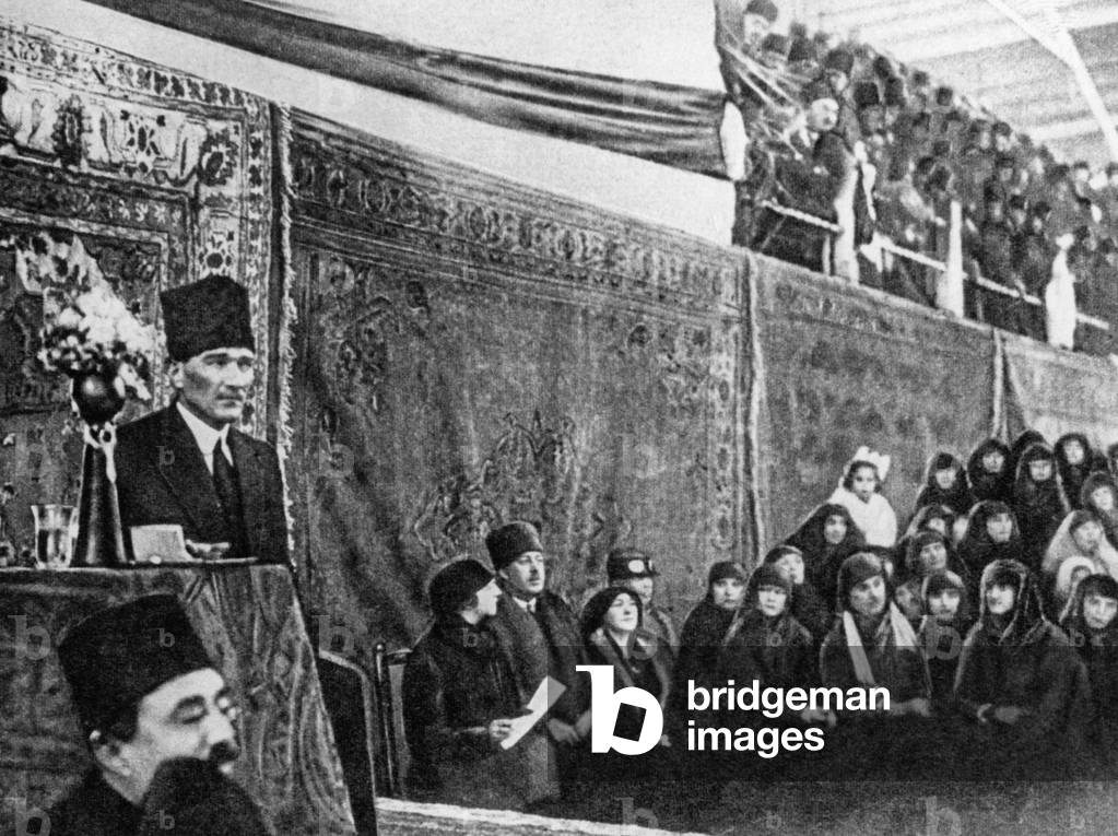 Atatuerk at the first Turkish Women's Congress (b/w photo)