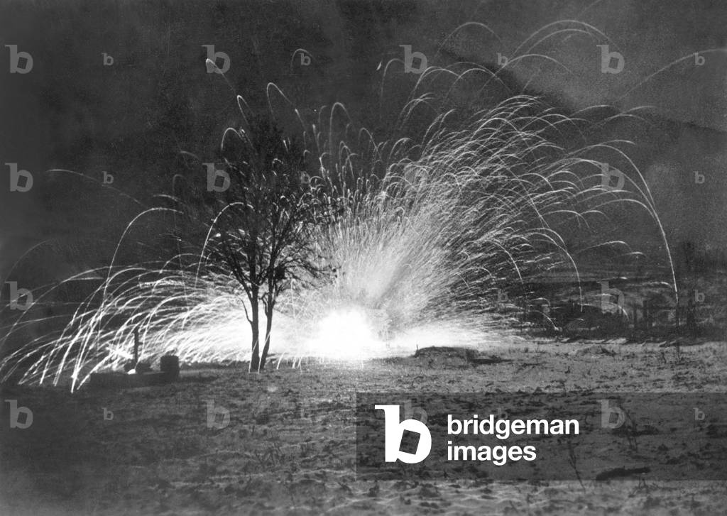 Explosion of a bazooka shell during the fighting in Kurland, 1945 (b/w photo)