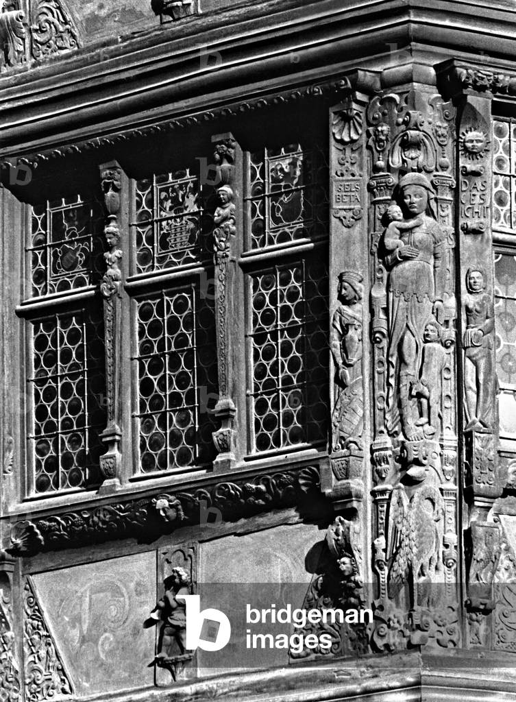 Wood carvings on Maison Kammerzell in Strasbourg, 1921 (b/w photo)