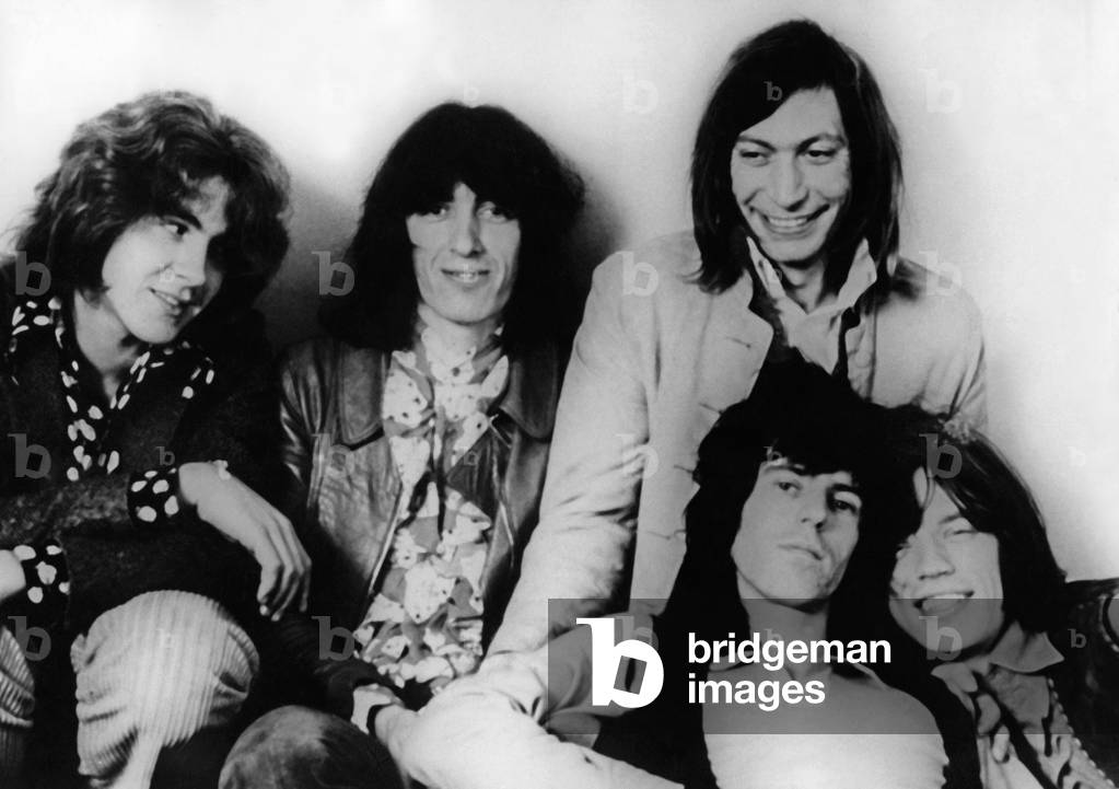 Rolling Stones, from left: Mick Taylor, Bill Wyman, Charlie Watts, Keith Richards and Mick Jagger, 1970 (b/w photo)