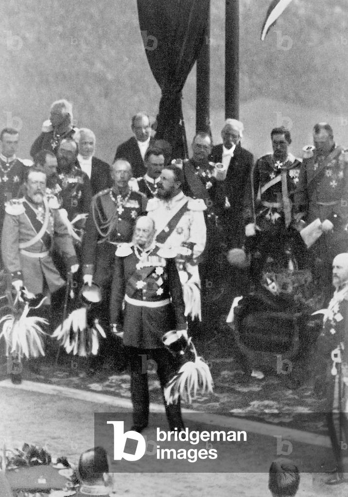 Kaiser Wilhelm I at the unveiling of the Niederwald memorial, 1883 (b/w photo)