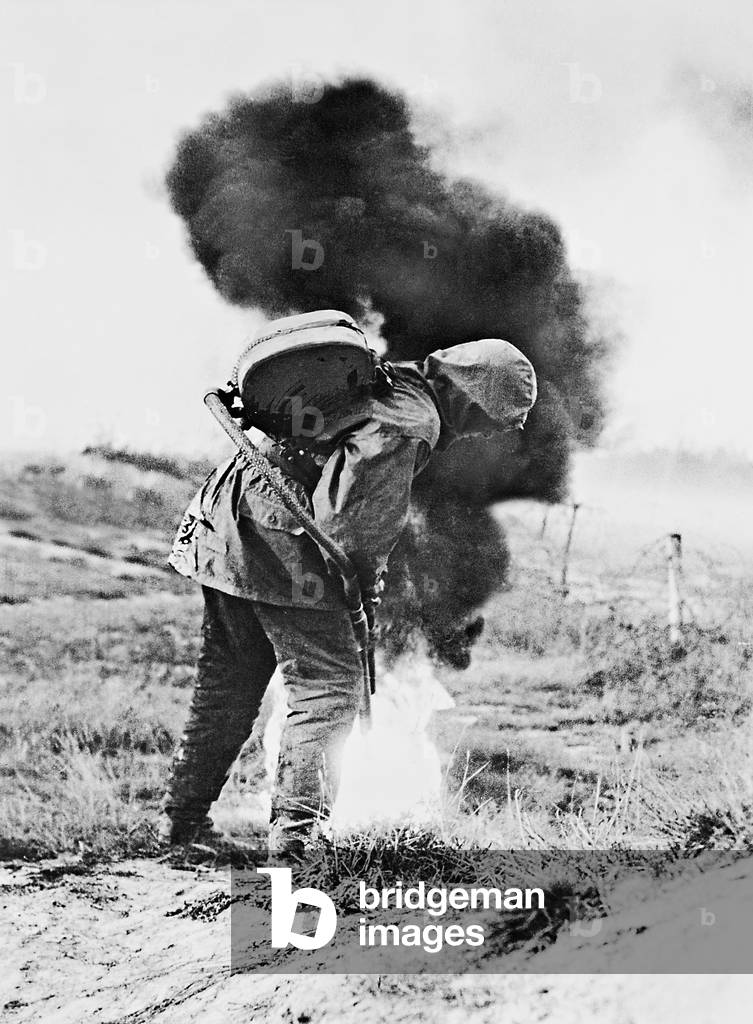 Flame thrower during an exercise, 1943 (b/w photo)