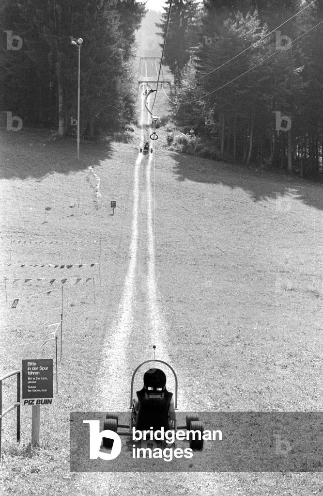 Downhill carts in Ruhpolding, 1974 (b/w photo)
