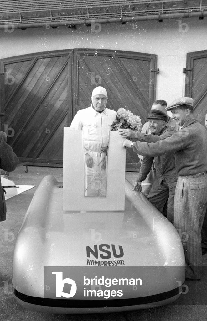 Ferdinand Lehder in the NSU world record car 1951 (b/w photo)