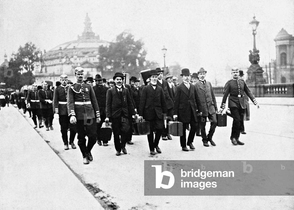 Recruits on the march to the barracks, 1911 (b/w photo)