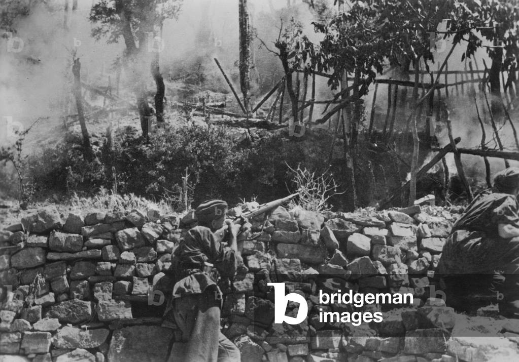 Waffen-SS fighting with partisans, 1944 (b/w photo)