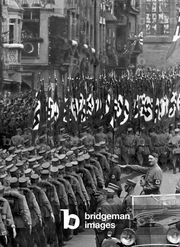 Parade of SA before Adolf Hitler during the Nuremberg Rally, 1937 (b/w photo)