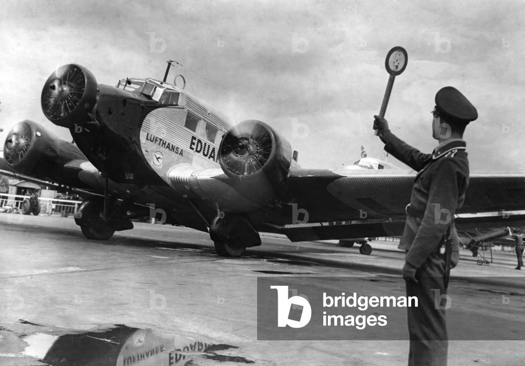 A Lufthansa aircraft takes off from Berlin Tempelhof, 1939 (b/w photo)