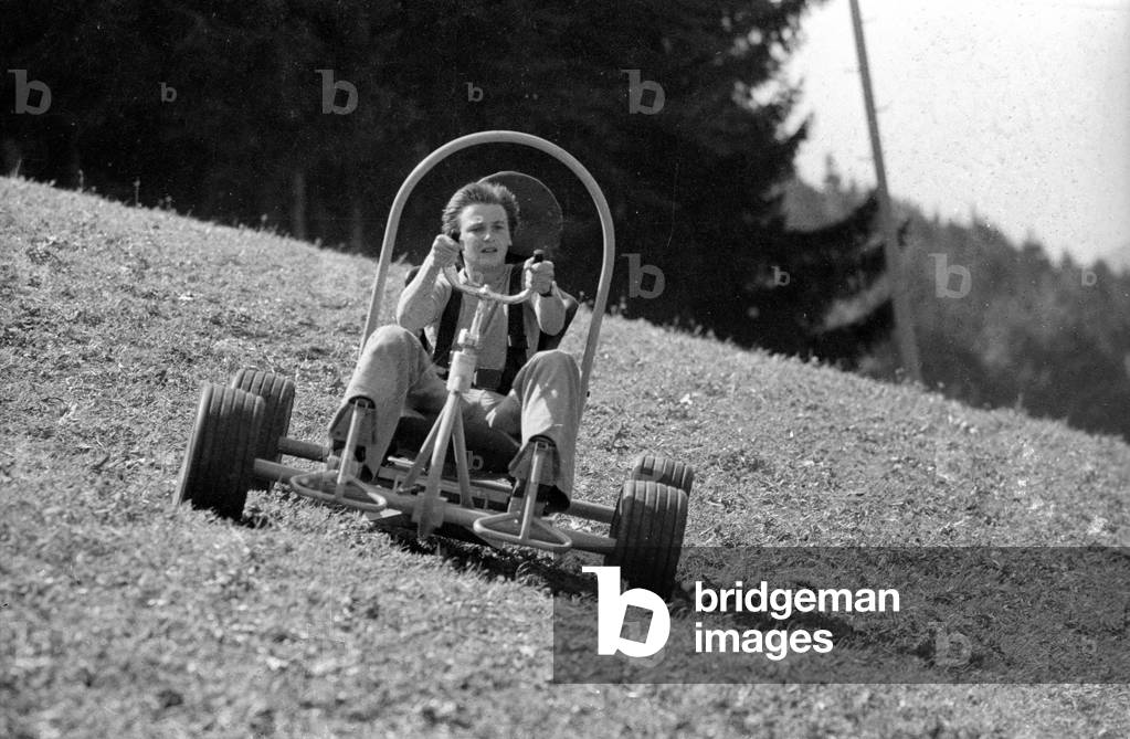 Downhill carts in Ruhpolding, 1974 (b/w photo)