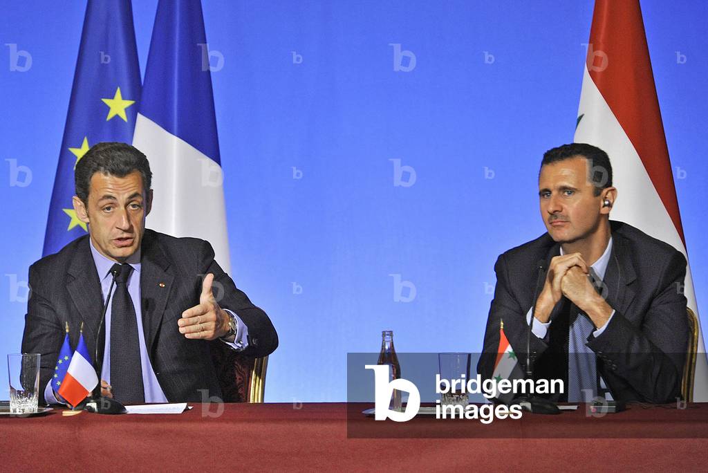 Mediterranean Union Summit at the Grand Palais: Nicolas Sarkozy (left), President of the Republic of France and EU Council President and Bashar Al-Assad, Syrian President at the Elysee Palace, Paris, 12th July 2008 (photo)