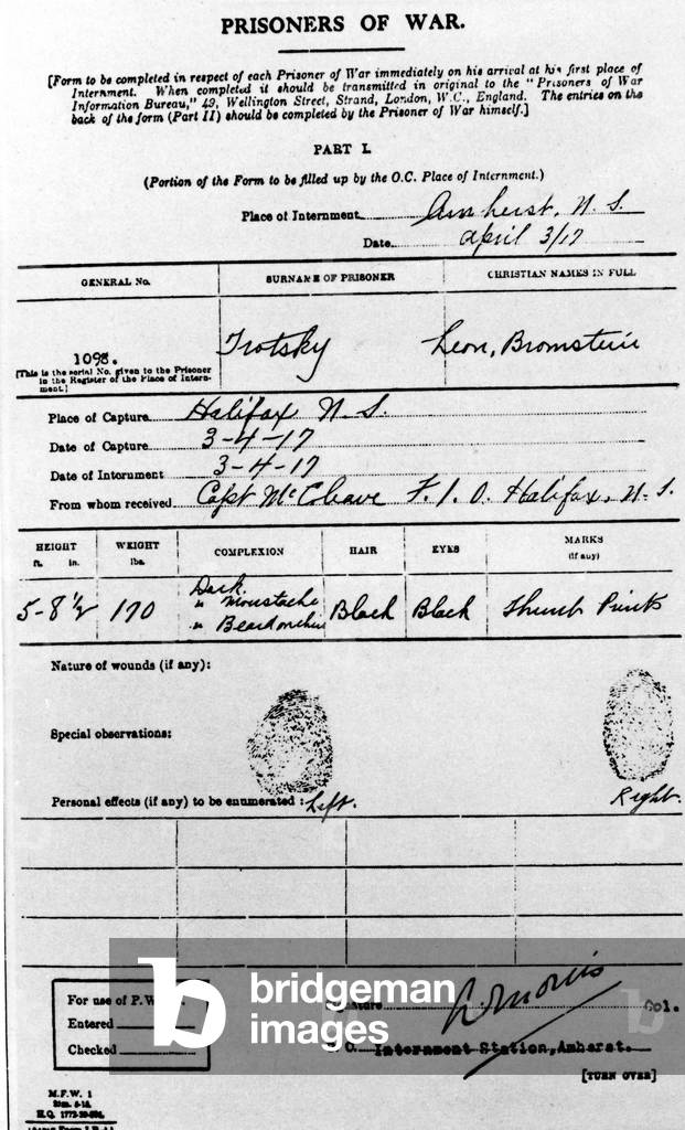 Leon Trotsky's prisoner of war certificate, 1917 (b/w photo)