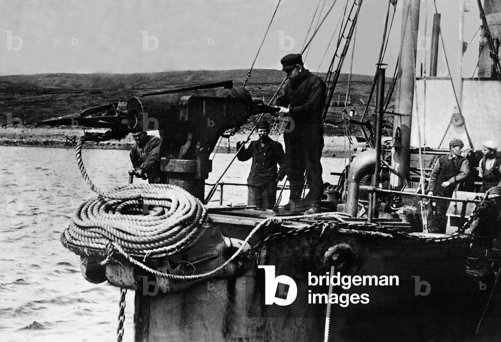 Harpoon gun on a whaling ship, 1929 (b/w photo)