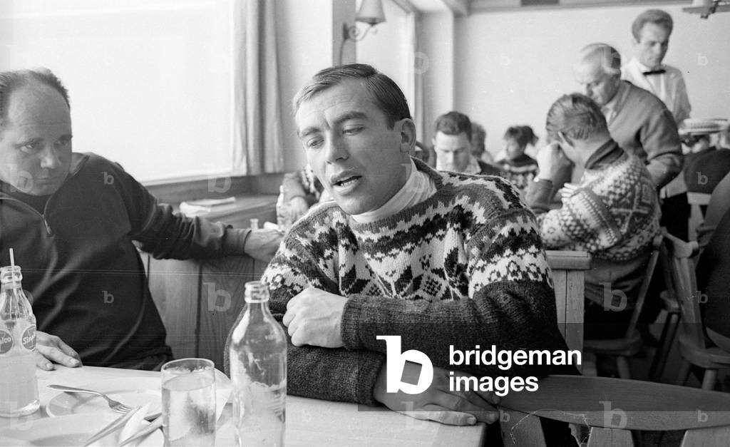 Skier Karl Schranz in the restaurant of the Weissseehaus, 1962 (b/w photo)