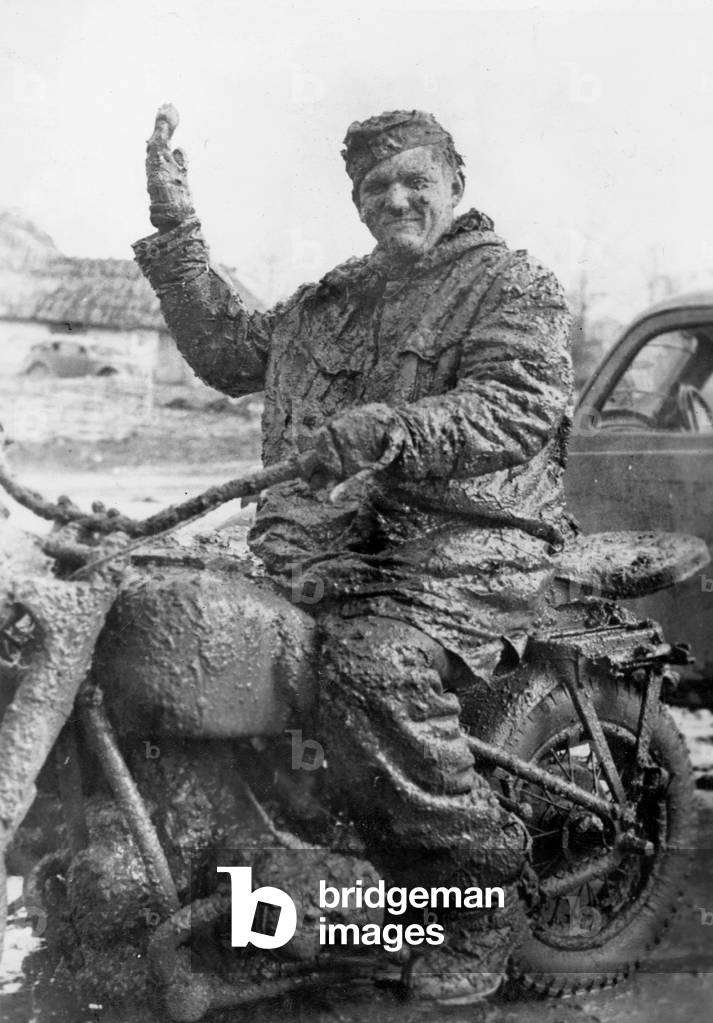German dispatch rider on the Eastern Front, 1944 (b/w photo)