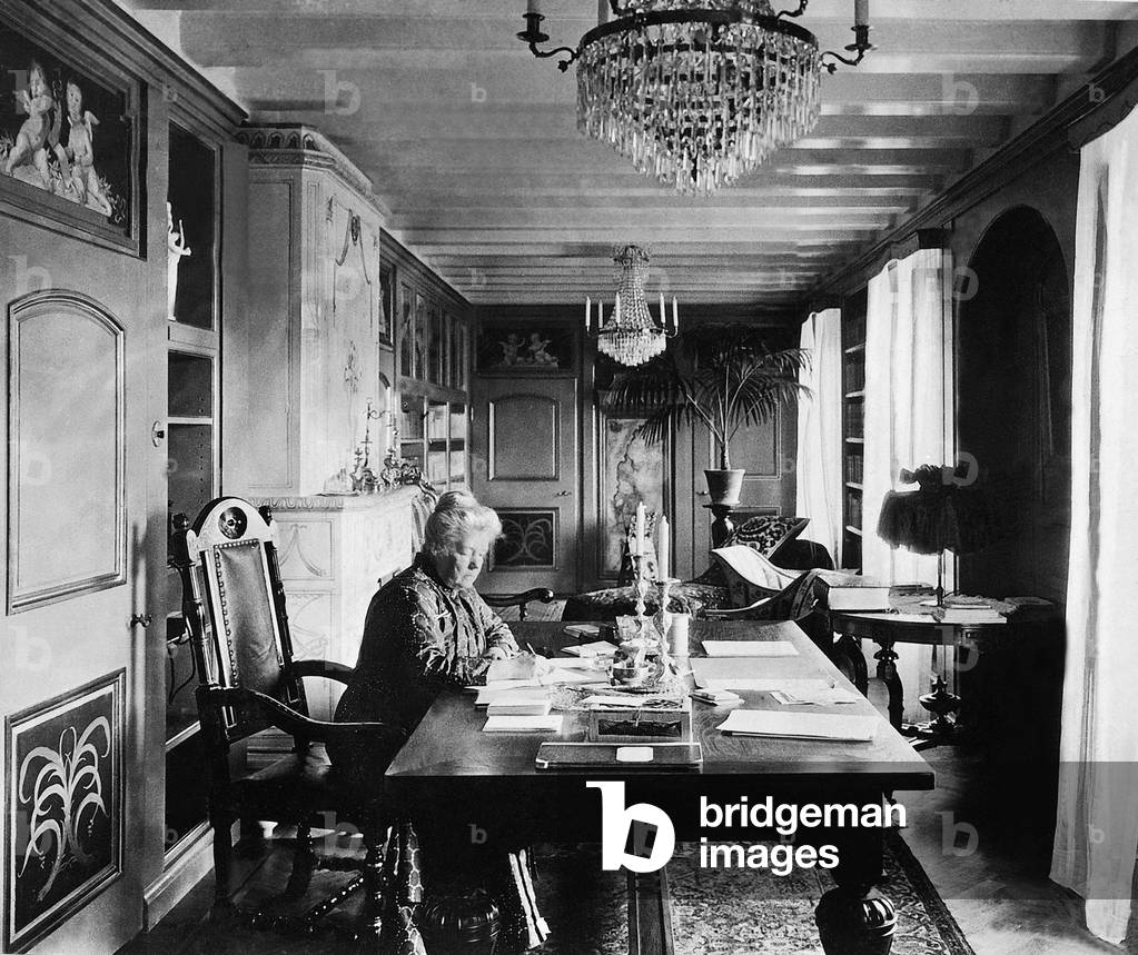 Selma Lagerlof at her desk, 1928 (b/w photo)